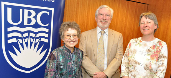 Recognized for 30 years of service on May 9 were Nancy Netting, associate professor of sociology (left), and Maureen Lisle, visual arts technician (right), pictured here with Deputy Vice Chancellor and Principal Doug Owram