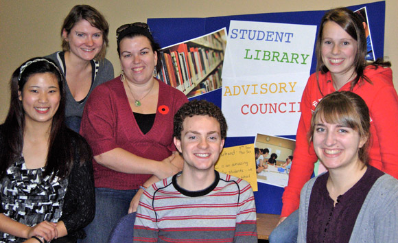 Members of the Student Library Advisory Council enjoy the new study spaces after the most recent renovations. Left to right: Cherry Wang, Sarah Ulicny, Tanya Chartrand, Jesse Bryden, Kyla de Jong,Katrina Labun.