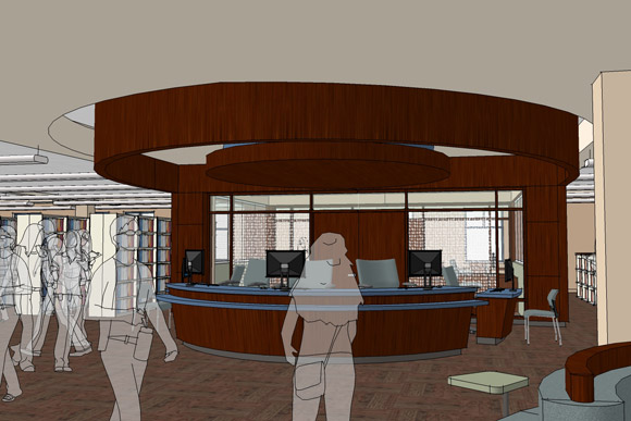 A conceptual drawing of the library's new single service desk.