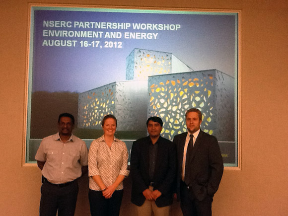From left: Kasun Hewage, assistant professor of engineering, Sherry Sullivan, director of the Transportation and Built Environment at Cement Association of Canada, Rehan Sadiq, associate professor of engineering, and Darren Brown, director of environmental policy at the Cement Association of Canada.