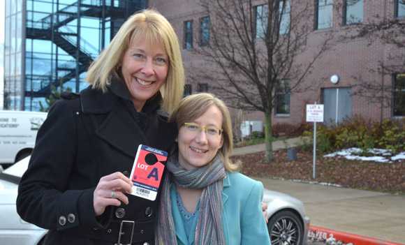 Associate Professor of Nursing Barb Pesut (left) has won the grand prize offered in the 2012 Okanagan Campus United Way Campaign: use of a Lot A parking stall (stall number 1) for next term. Campaign Chair Sarah Stang presented the coveted parking pass last Wednesday afternoon.