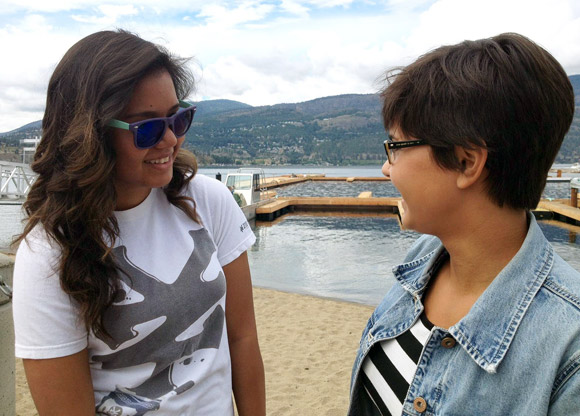 As part of the Explore Kelowna event, UBC Aboriginal Mentor Sarah Jacknife, right, talks lifestyle in the Okanagan with first year student Kishay McKigney in downtown Kelowna.