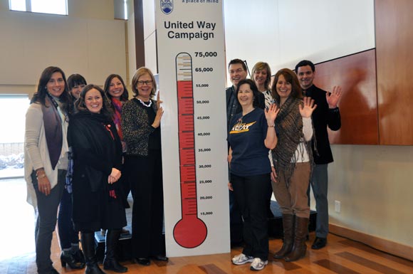 United Way staff and UBC committee members were on hand to share the good news on January 31. From left to right are United Way’s Marla O’Brien, Alanna Vernon, Karen Rauser, Kimiko Folz, DVC and Principal Deborah Buszard, Sherry Petkau, Associate Vice-President Finance and Operations Michael Shakespeare, Suann Brown, Crystal Nykilchuk, and the United Way’s Nathan Pinfield.