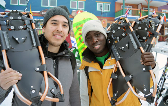 Aboriginal Mentors Omar Mwangari, right, and Nicholas Clark get set to hit the snowshoe trails at Silver Star Mountain Resort. Snowshoeing is becoming a more popular activity with students at the annual event.