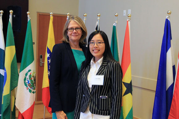 Deputy Vice Chancellor and Principal Deborah Buszard and Zifang Jiang, winner of the inaugural Joseph Yu Global Leadership Award. 