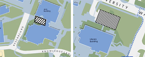Graphic: The sidewalk area on the west side of the Arts building and all of parking Lot A north of the Library 