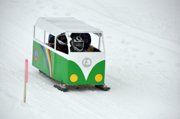 The VW van makes it to the finish line during the slalom event at Big White. 