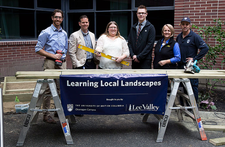 From left: Derek Mahoney, manager of maintenance and grounds; Rob Einarson, associate vice-president of finance and operations; Natalie Ingram, Campus Operations and Risk Management; Austin Walper, assistant manager at Lee Valley Kelowna; Connie Vetter-Johnson, general manager at Lee Valley Kelowna; and James Hembling, Facilities Management. 