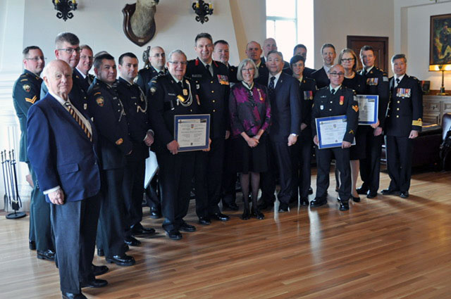 A photo of all those recognized with the Canadian Forces Liaison Council Provincial Award of Excellence on March 25.