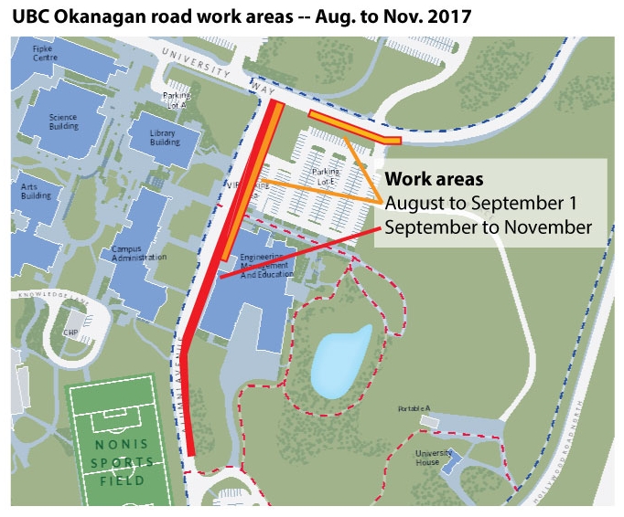 UBC Okanagan road work areas -- Aug to Nov 2017
