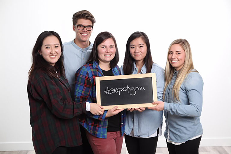 Stigma has been called out as the number one silent killer related to substance use and UBC nursing students are working to stop it. From left: Rachel Lee, Brandon Tremblay, Jenna Hunter, Wendy Tan and Shelby Price