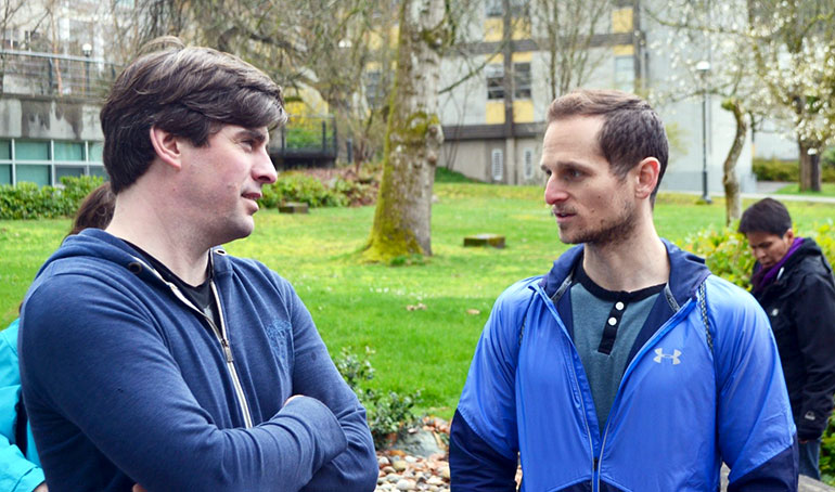 UBC Okanagan students Stefan Bigsby, right, and Jackson Traplin debrief after their tour of the UBC Vancouver campus. Both were part of the cohort of UBC Okanagan students and staff who attended the opening of the Indian Residential School History & Dialogue Centre this spring.