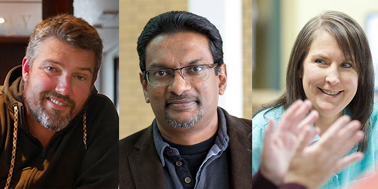 Jonathan Corbett, assoc. prof. of geography and SSHRC researcher of the year, Kasun Hewage, prof. of engineering and NSERC researcher of the year, and Rachelle Hole, assoc. prof. of social work and health researcher of the year.