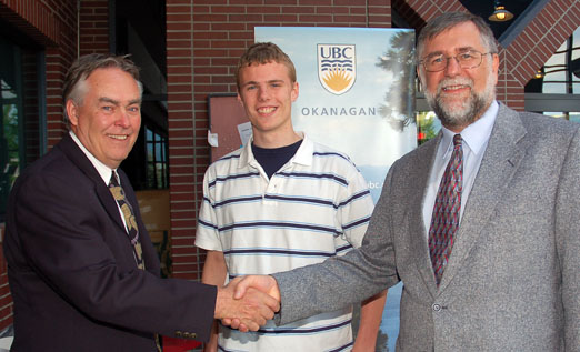 Josh Schlinker, middle, a Rutland Secondary School grad who has just completed his first year of engineering at UBC Okanagan, was on hand when BC Hydro introduced a new scholarship endowment fund for UBC Okanagan Engineering students. The endowment was announced by Jim Dixon, left, BC Hydro Area Manager of Distribution for the Southern Interior, and Dr. Michael Isaacson, Dean of UBC’s Faculty of Applied Science.