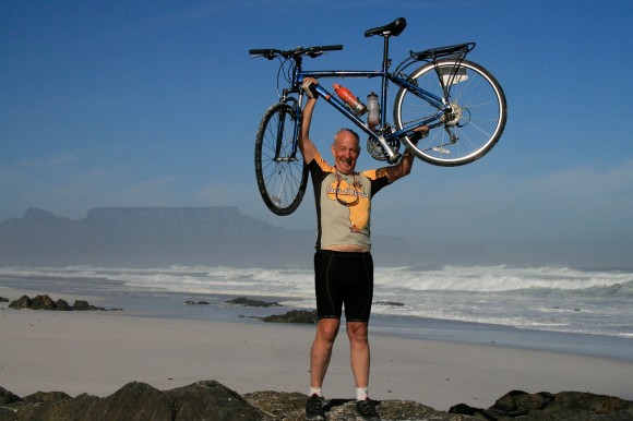 Kelowna surgeon Dr. Bill Nelems on the beach near Cape Town, South Africa, after cycling 4,500 kms across southern Africa earlier this year. Dr. Nelems will be speaking about his adventure at the Oct. 1 fund-raising barbecue and social at UBC's Okanagan campus.