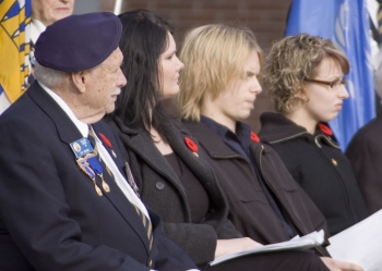 Kelowna veteran Art Brown listened to Remembrance Day speakers  with students Aubri Reid, Jody Rud, and Karen Ryan, all of whom  worked on establishing the first-ever Remembrance Day ceremony  at UBC Okanagan last Wednesday. Brown is a Kelowna veteran  who served with the Canadian Army for 35 years, and is president  of the Kelowna-Veendam Sister City Association and chair of  the Kelowna Cenotaph Upgrade Project.