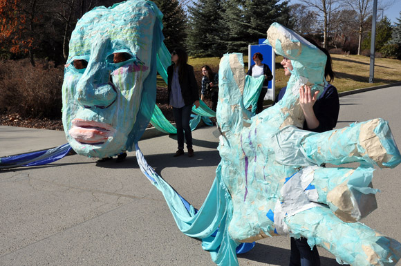 A"water puppet" made from papier-mache using recycled materials makes an appearance on UBC’s Okanagan campus during last year's World Water Day.
