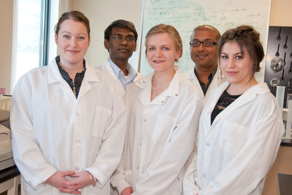 Members of the research team include, from left, Asst. Prof. Deanna Gibson, graduate student Ethendhar Rajendiran, undergraduate student Kirsty Brown, Asst. Prof. Sanjoy Ghosh, and undergraduate student Jessica Baker.