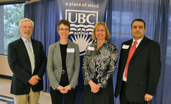 From left, Doug Owram, Deputy Vice Chancellor and Principal, Senior Faculty Award recipients Carolyn Labun and Joyce Boon, and Alaa Abd-El-Aziz, Provost and Vice Principal at UBC's Okanagan campus.