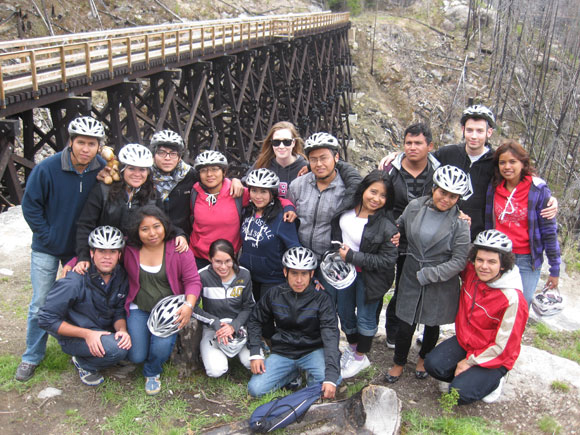UBC students Joanne Gabias, centre with sunglasses, and Aaron Wylie pose with Quintana Roo students at the Kettle Valley Rail beds during their visit to the Okanagan. Gabias is looking forward to her time in Mexico in July and plans to immerse herself in the everyday life of the host country.