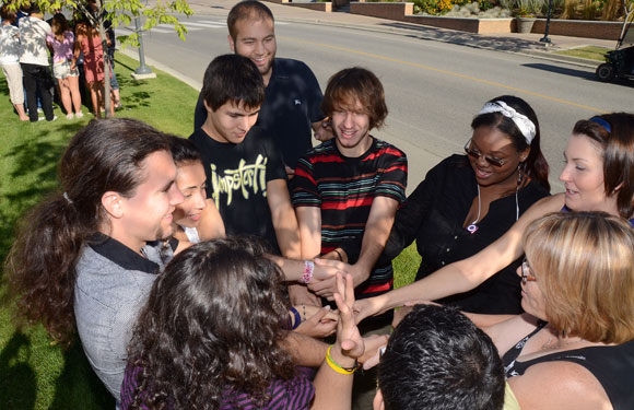 Gokce Ozel, (middle background) leads a fun leadership activity during a training session for the Jump Start program which helps international students adjust to life in their new surroundings. Close to 600 international students are expected to attend the University of British Columbia’s Okanagan campus this year.