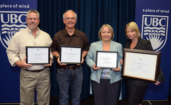 University of British Columbia’s Okanagan campus Staff Award recipients, from left, Russell LaMountain, Sustainability award; Craig Eden, Enhancing the UBC Experience; Teija Wakeman, Leadership;  and Deputy Vice Chancellor and Principal award winner Shelley Kayfish. Missing from the photo is Garry Appleton, winner of the Staff Award for Global Citizenship.