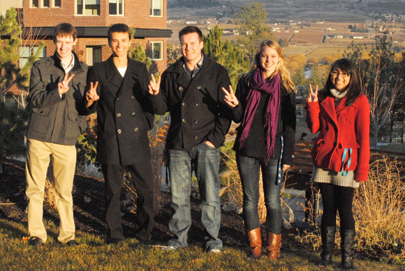 UBC’s Okanagan campus World Model United Nations delegation flashes V for Vancouver, site of this year’s international student conference. Delegates include, from left: Nick Gunn, Tim Krupa, Oliver Eberle, Savannah Hallworth, Dominique Gelineau.
