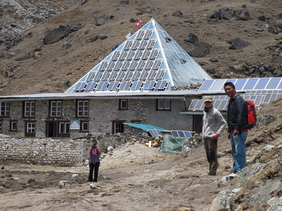 Everest expedition team members arrive at the Pyramid Laboratory, at an altitude of 5,050 metres.