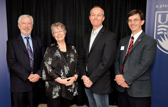 Deputy Vice Chancellor and Principal Doug Owram, Associate Professor of Anthropology Naomi McPherson, Associate Professor of Psychology Paul G. Davies and Provost Wesley Pue are seen at the awards for Teaching Excellence and Innovation ceremony.  
