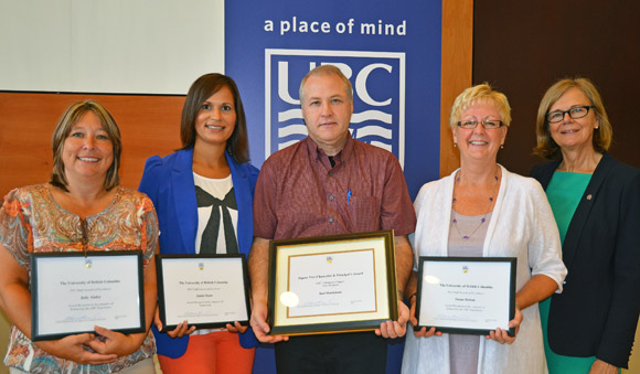 UBC’s Okanagan campus Staff of Excellence Awards were presented by Deputy Vice Chancellor and Principal Deborah Buszard (right) to, from left: Jody Ainley, Jamie Snow, Bud Mortenson, Susan Belton.