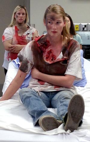 UBC nursing student Bobbi Bennett, as a ‘casualty’ in a recent mock disaster exercise in Vernon.