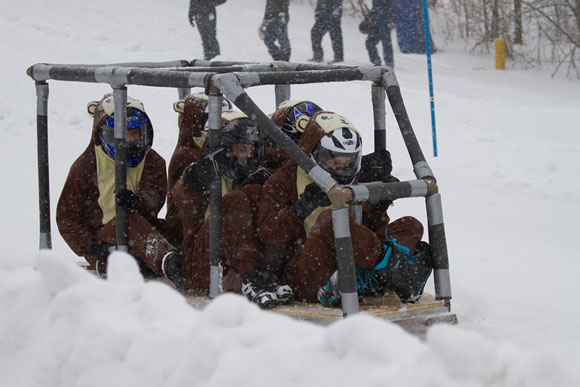UBC Okanagan’s Concrete Jungle team slides down the hill at the Great Northern Concrete Toboggan Race. The Engineers came home with an overall second-place finish.