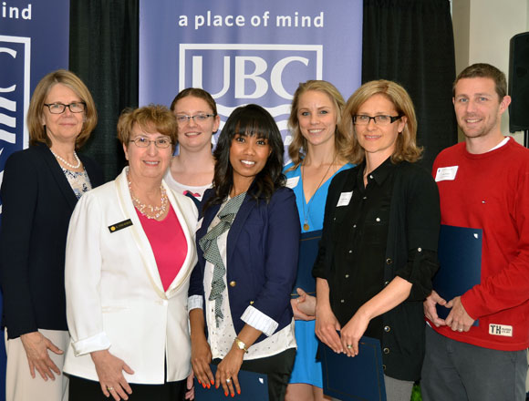 Winners of the Provost award for Teaching Assistants and Tutors are seen with UBC Deputy Vice-Chancellor Deborah Buszard and Provost Cynthia Mathieson, from left: Jamie McKee-Scott, Irving K. Barber School of Arts and Sciences; May Kanippayoor, Irving K. Barber School of Arts and Sciences; Carey Simpson, Faculty of Health and Social Development; Nathalie Hager, Faculty of Creative and Critical Studies; Colin Wallace, Faculty of Health and Social Development; Missing from photo are Samuel Schaefer, School of Engineering and Elham Shamekhi, School of Engineering.
