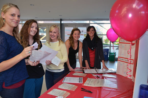 Nursing students Kelsey Rollerman (left) Danielle McDivitt, Chloe Pedersen, Katie Brown, and Kelsey Bowles are encouraging fellow students to take part in the campus-wide blood drive, November 3 to 6. It is recommended that first time donors call 1-888-2-DONATE to make sure they are eligible to donate blood, book online at www.blood.ca or download the GiveBlood App.  