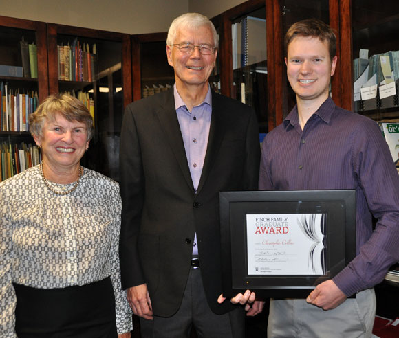 Jean and Ken Finch present Christopher Collier with the first-ever Finch Family Graduate Award at UBC.