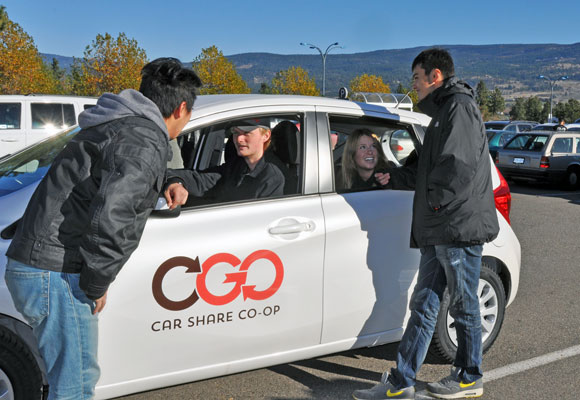 Third-year marketing students, from left, Marc Qian, Brendan Sprague, Kira McDougall, and Kevin Chan researched the car share option and came up with a marketing plan for OGO Car Share Co-op. Their project is part of the Healthy City Partnership signed between UBC Okanagan, the City of Kelowna, and the Interior Health Authority.