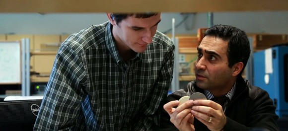 Assoc. Prof. Abbas Milani, right, discusses his work in composite materials with student Andrew Olson.