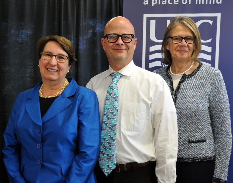 Zach Walsh, assoc. professor of psychology in the Irving K. Barber School of Arts and Sciences, was also awarded a 2016 Teaching Excellence and Innovation award. He is pictured with Cynthia Mathieson, left, and Deborah Buszard