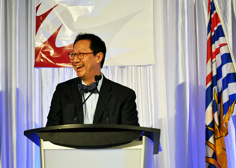 UBC President Santa Ono shares a laugh with the audience during the Valley First/UBC Okanagan Athletics Scholarship Breakfast Friday morning.