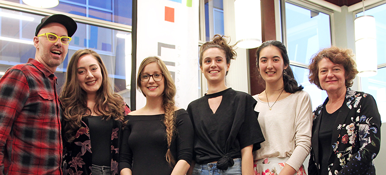 Finalists in the 2018 Okanagan Short Story Contest, from left: Assoc. Prof. Michael V. Smith, MFA student Victoria Alvarez (second place), MA IGS student Brittni MacKenzie-Dale (first place), Bethany Pardoe (winner, high-school category), Samantha Macpherson (third place) and contest judge Karen Hofmann.