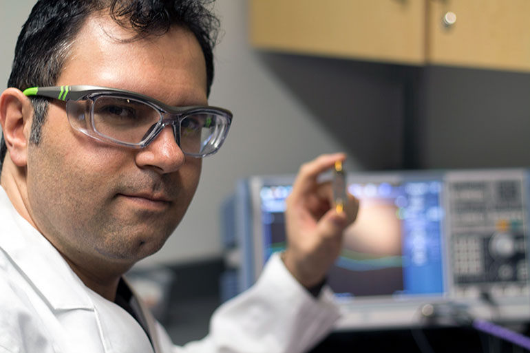 Mohammad Zarifi, an assistant professor at UBC Okanagan, shows his small biosensor that can be used to provides health care practitioners with a real-time diagnosis of a bacterial infection.