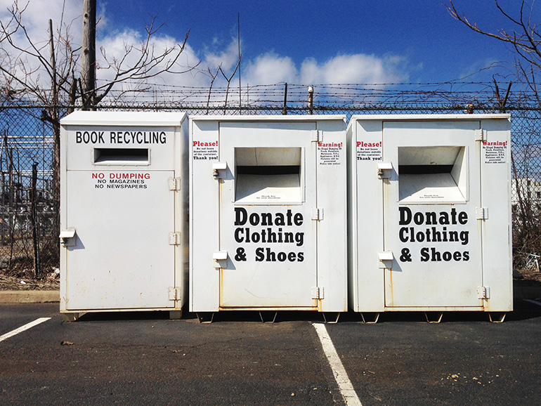 Book and clothing donation bins.
