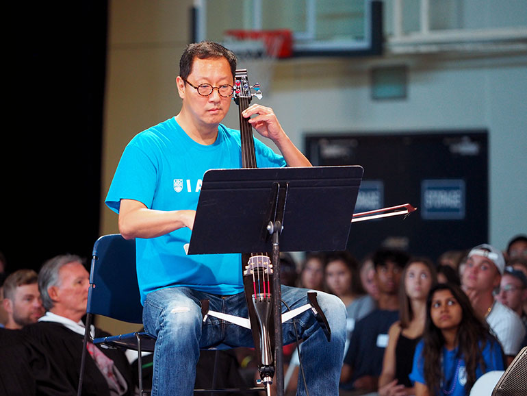 UBC President Santa Ono plays his cello as part of his welcome to the more than 2,300 new-to-UBCO students at Tuesday’s Create celebration.