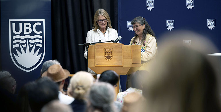 UBC Deputy Vice-Chancellor and Principal Deborah Buszard and Dr. Jeannette Armstrong, Canada Research Chair in Indigenous Philosophy, read UBCO’s Truth and Reconciliation commitments.