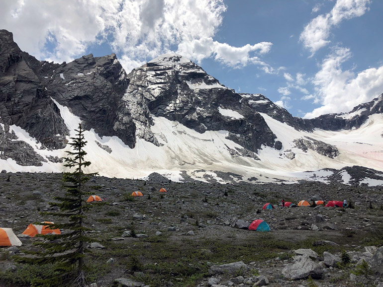 The Alpine Club of Canada’s general mountaineering camp, set up for the summer of 2019. Photo credit: Lael Parrott