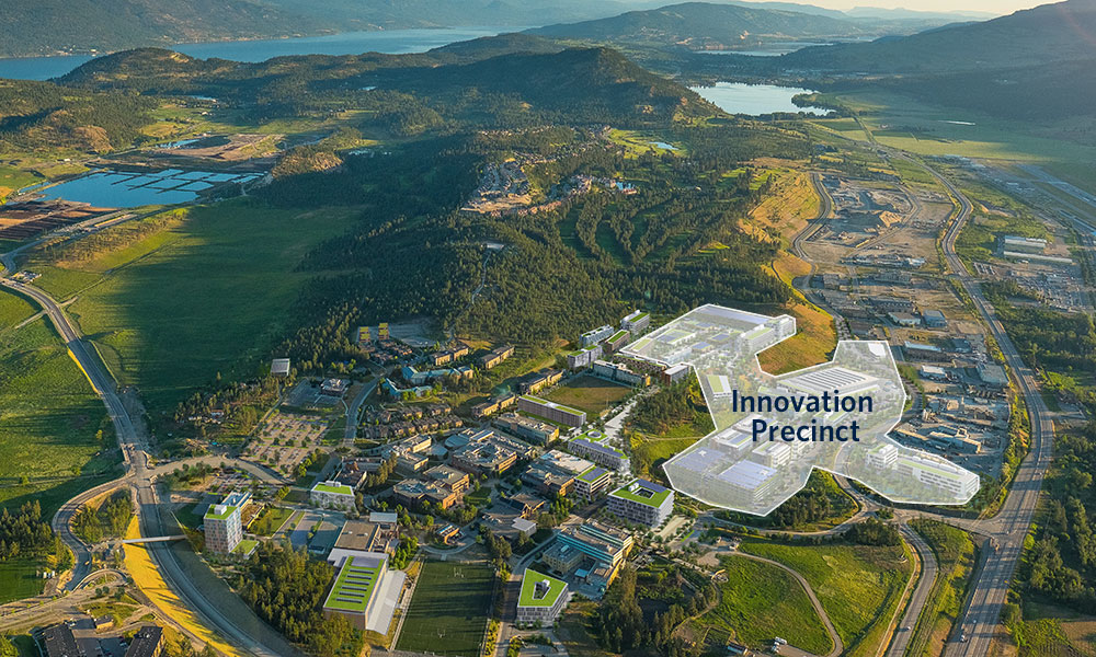 Aerial photo of UBCO campus showing the area of the future Innovation Precinct
