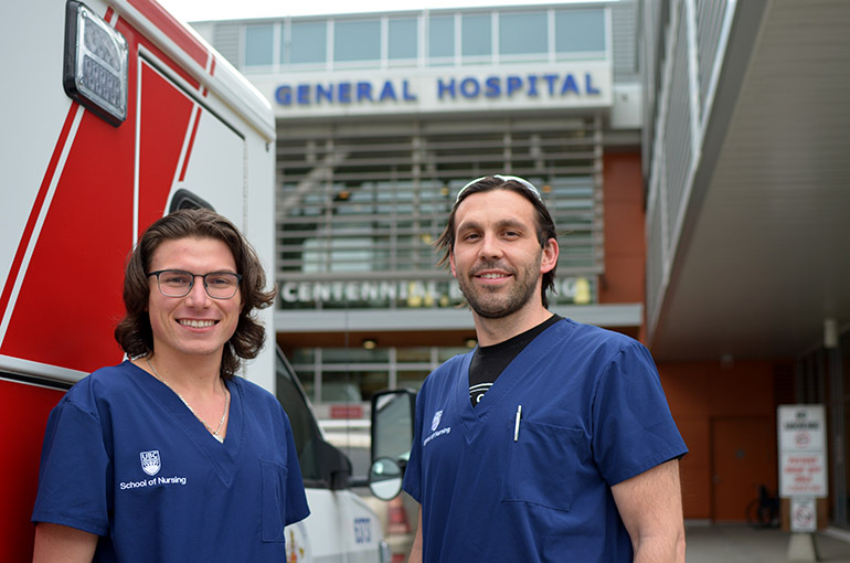 Brothers, Adrian, left, and Quinn Van de Mosselaer took dramatically different paths leading to them joining the School of Nursing as first-year students. The Shuswap Nation brothers, who live together, take a break outside Kelowna General Hospital after a clinical session.