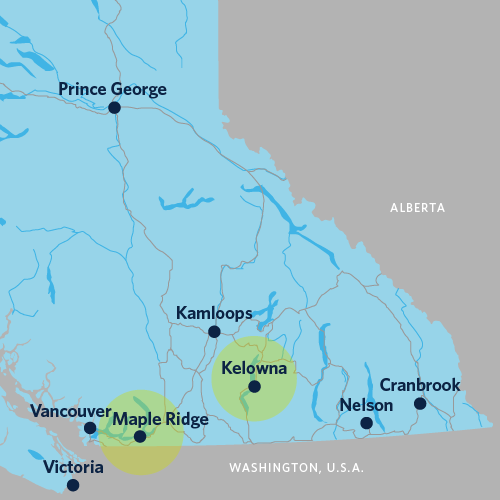 A map showing the distance between Maple Ridge and Kelowna