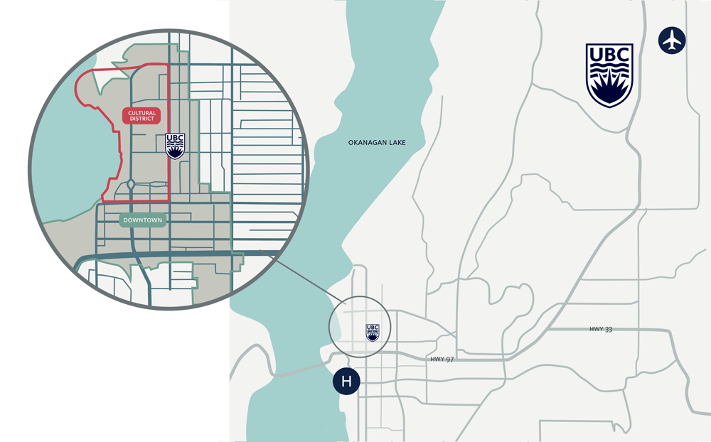 A graphic map of UBC's downtown location and Kelowna campus