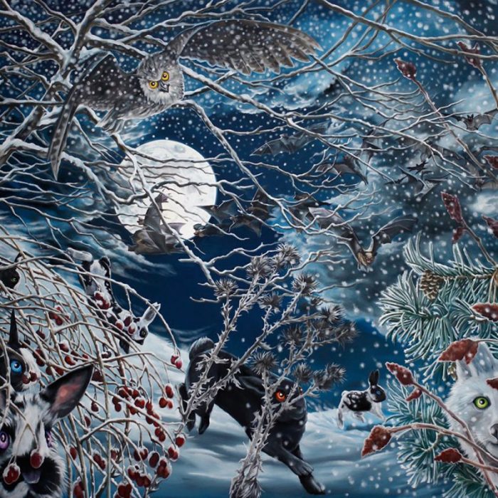 A wintery painting at night with the full moon showing through bare trees